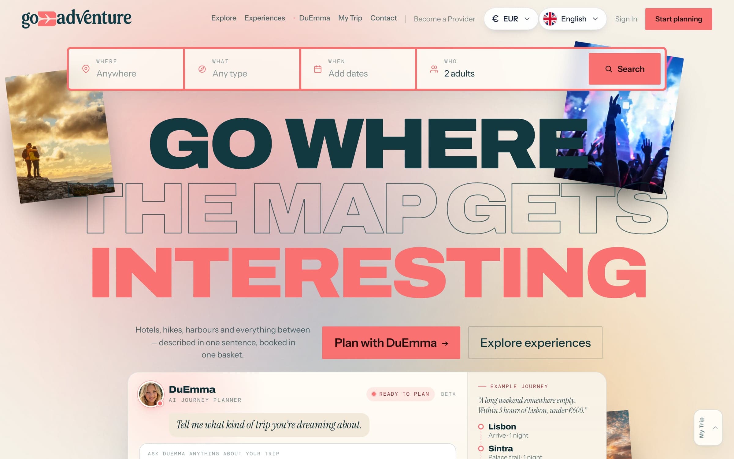 The GoFlyAdventure traveller homepage: "Go where the map gets interesting", with a search bar for where, what, when and who, and the DuEmma trip planner below