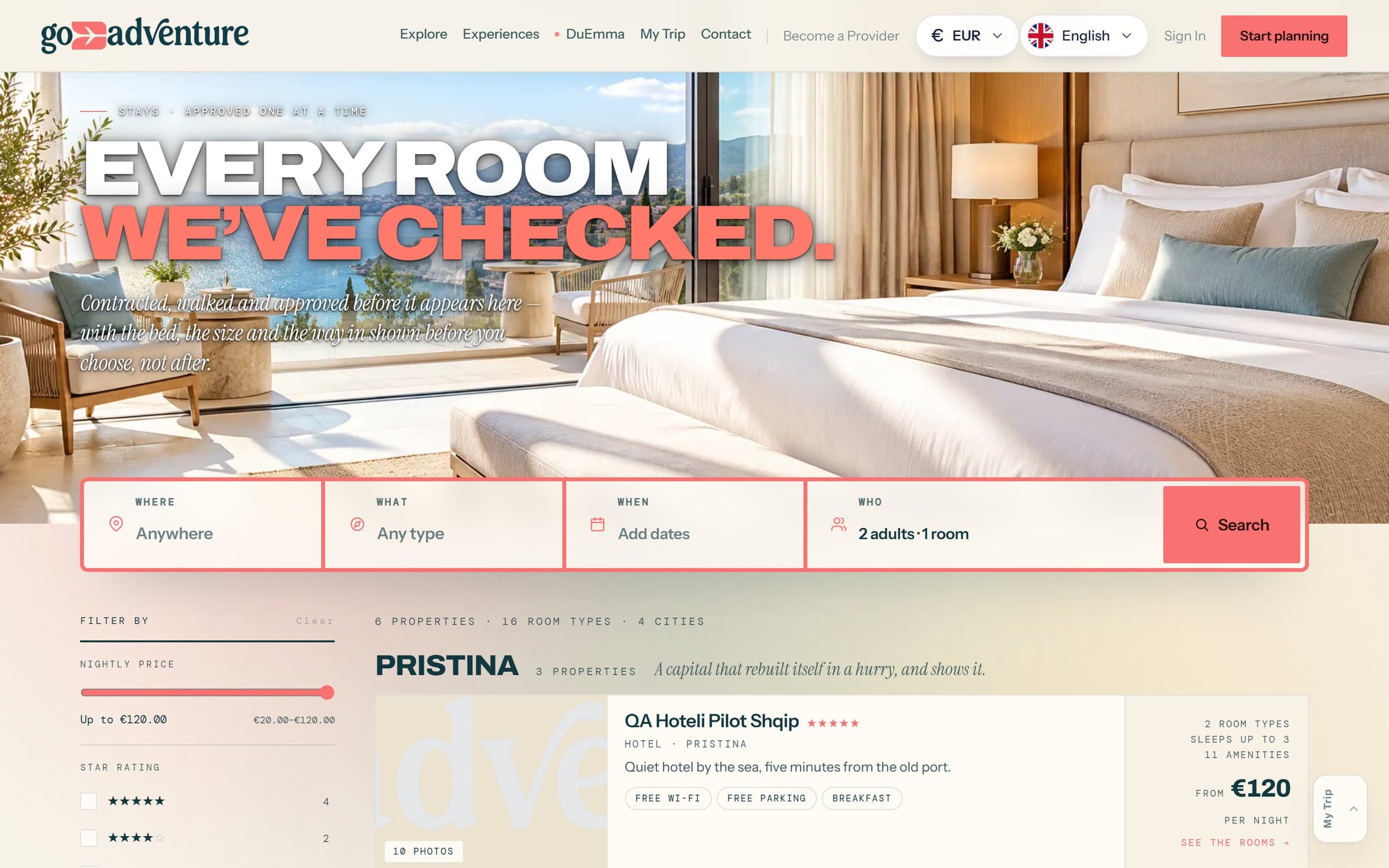The GoFlyAdventure hotels page, "Every room we have checked", with search, filters and hotel listings in Pristina