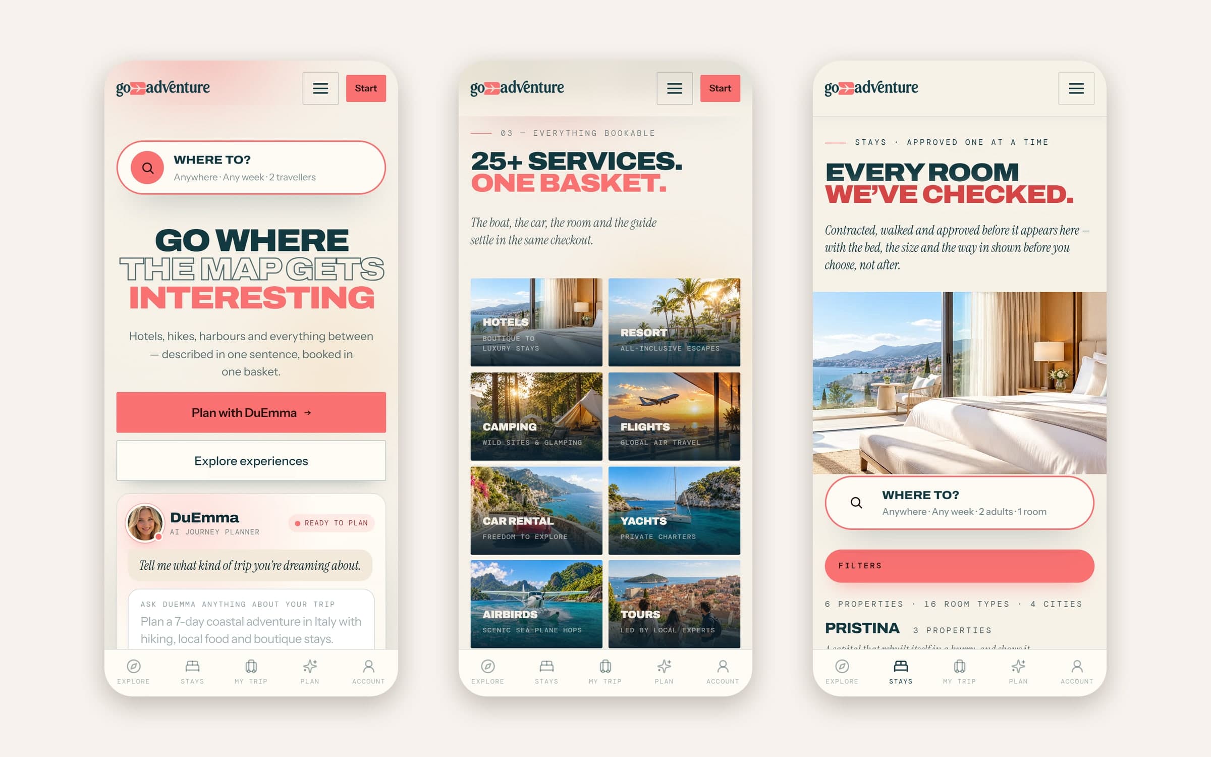 Three GoFlyAdventure screens on mobile: the traveller homepage, the services grid and the hotels page, each with the bottom navigation for Explore, Stays, My Trip, Plan and Account