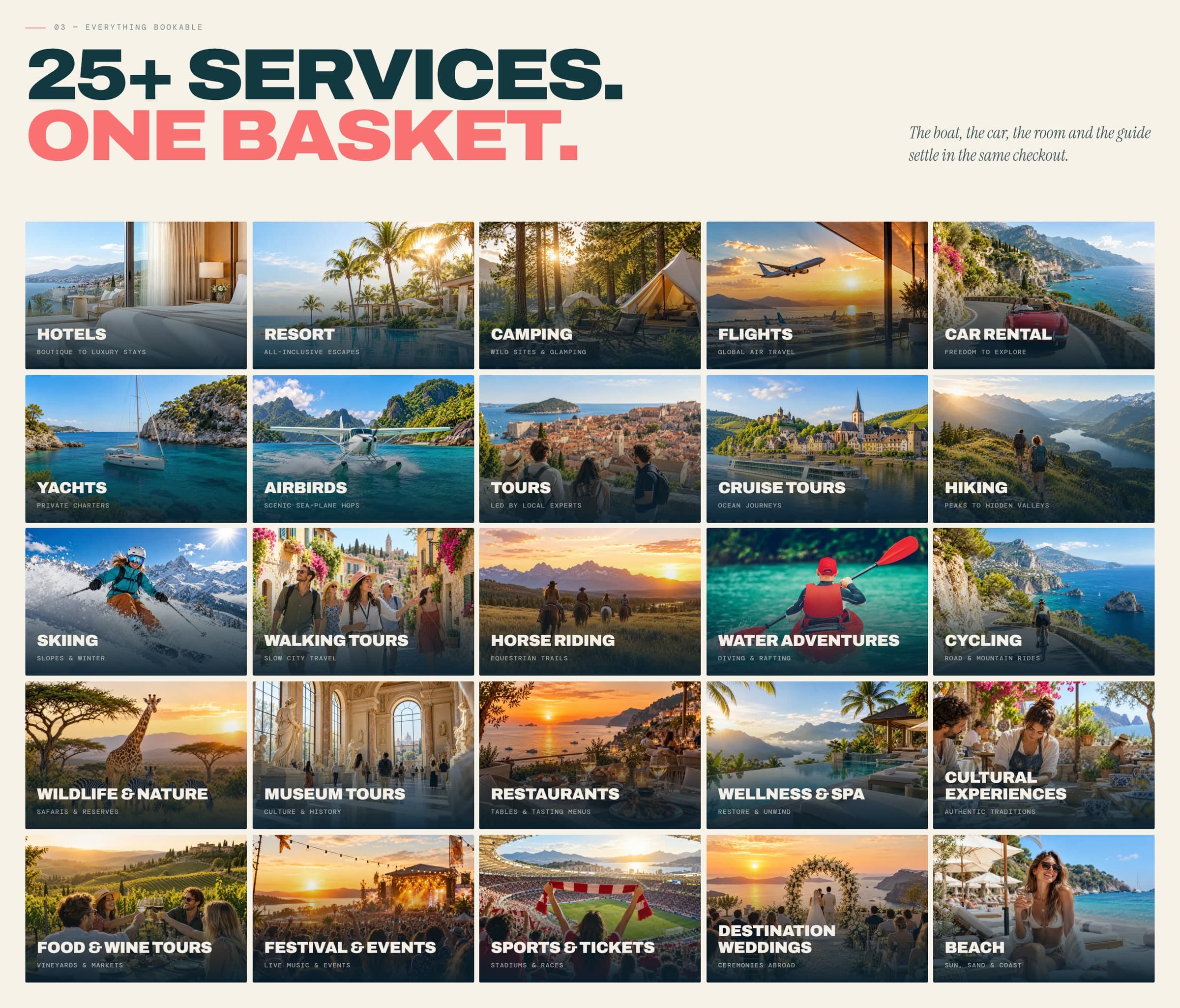 The GoFlyAdventure services section, "25+ services. One basket.", with photo tiles for all 25 categories: hotels, resorts, camping, flights, car rental, yachts, sea-plane trips, tours, cruises, hiking, skiing, walking tours, horse riding, water adventures, cycling, wildlife, museums, restaurants, wellness, cultural experiences, food and wine, festivals, sports, destination weddings and beaches