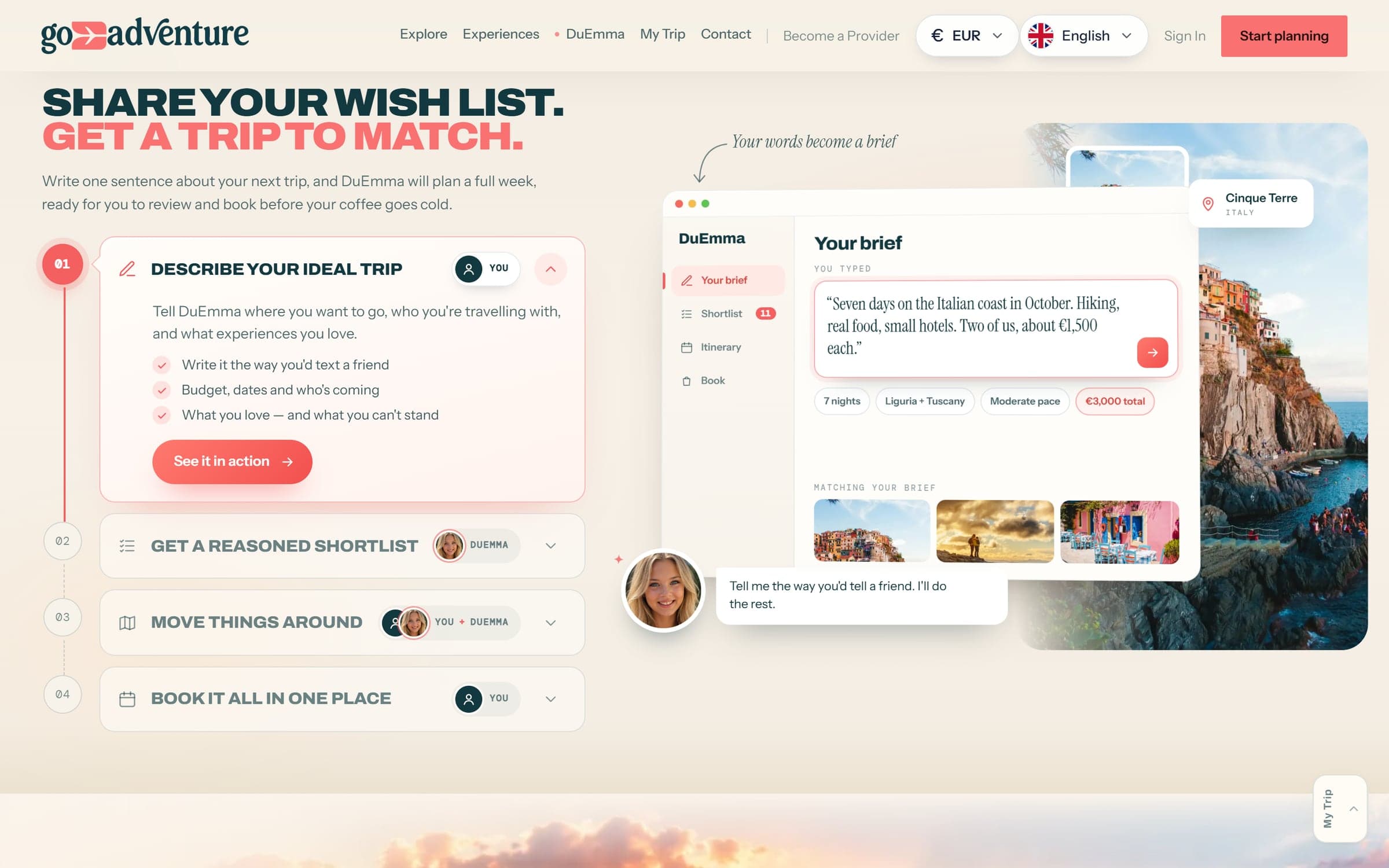 The GoFlyAdventure trip planner section: "Share your wish list. Get a trip to match.", turning a one-sentence brief into a matching trip
